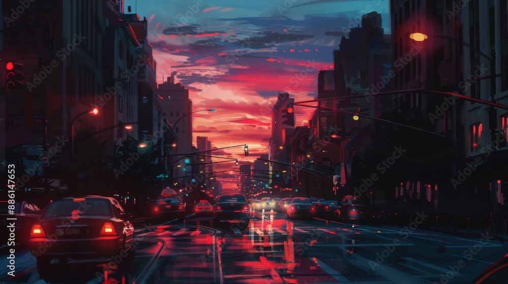 Naklejka premium Capture the vibrant hues of a sunset in an urban setting, with city lights beginning to illuminate as daylight fades.