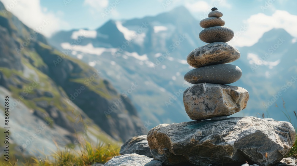 Balanced stones creating a Zen scene in the mountains, perfect for text overlay Balanced stones creating a Zen scene in the mountains, perfect for text overlay