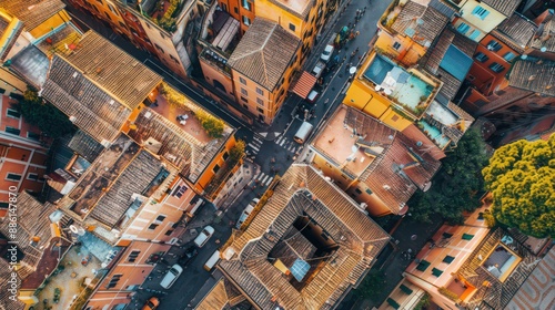 Capture the vibrant Trastevere district from above, known for its narrow streets, colorful buildings, and lively atmosphere in the heart of Rome.