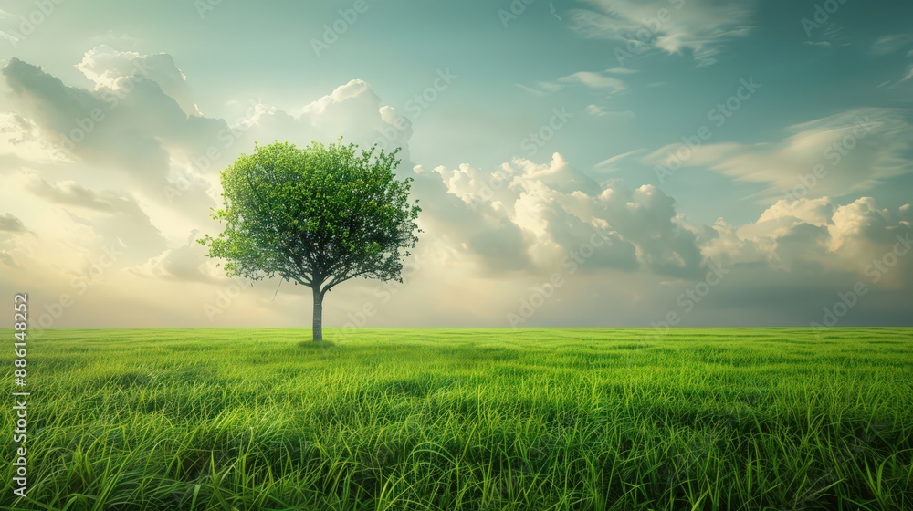 Obraz premium Craft a harmonious composition featuring a single tree in a vast meadow of lush green grass, symbolizing resilience and natural balance.