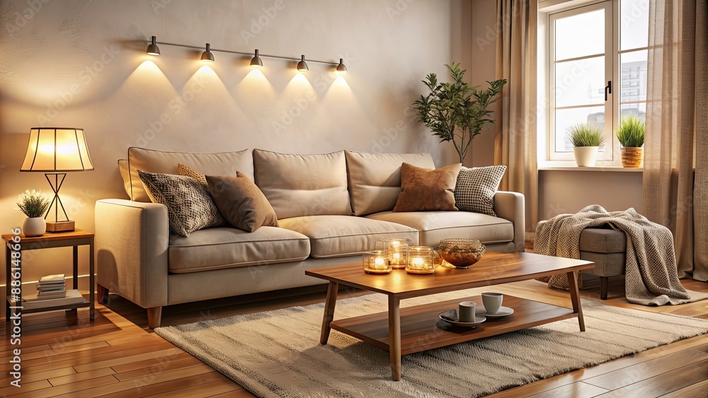 Cozy living room interior with plush sofa, coffee table, and soft lighting, cozy, living room, interior, plush Cozy living room interior with plush sofa, coffee table, and soft lighting, cozy, living room, interior, plush