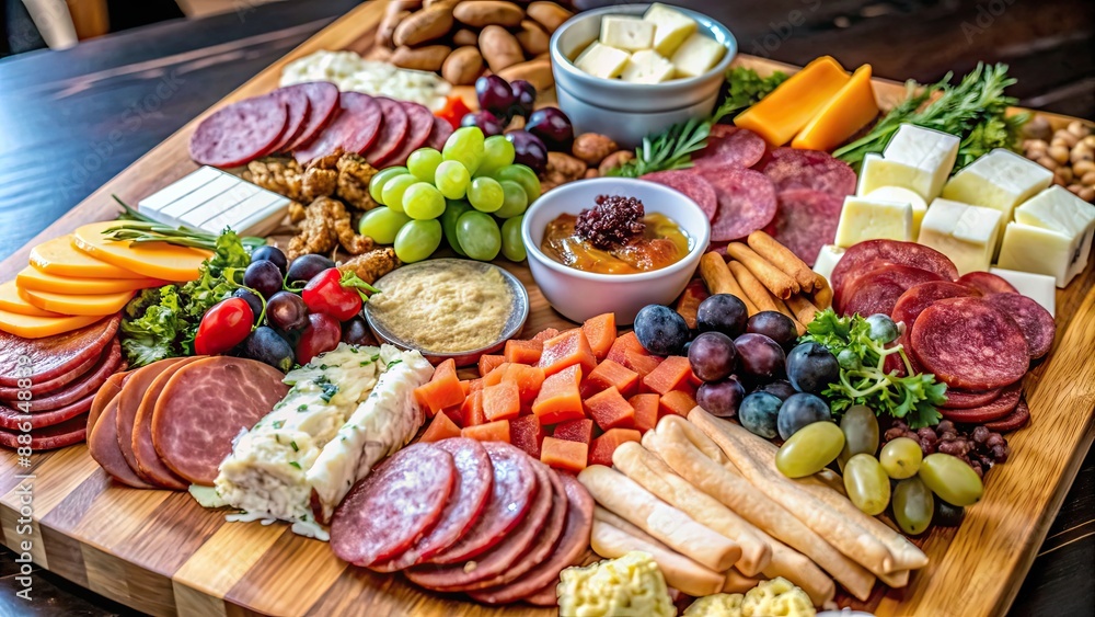 Assorted appetizer and charcuterie on a wooden board for buffet party, charcuterie, appetizer, snack, cheese, buffet, party Assorted appetizer and charcuterie on a wooden board for buffet party, charcuterie, appetizer, snack, cheese, buffet, party