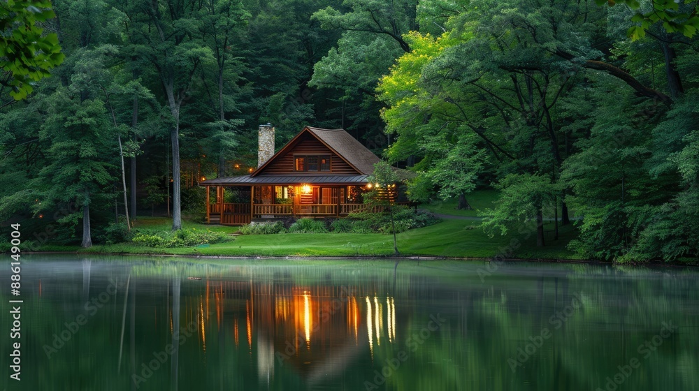 Cozy log cabin nestled by a serene lake in the woods, surrounded by lush trees Cozy log cabin nestled by a serene lake in the woods, surrounded by lush trees