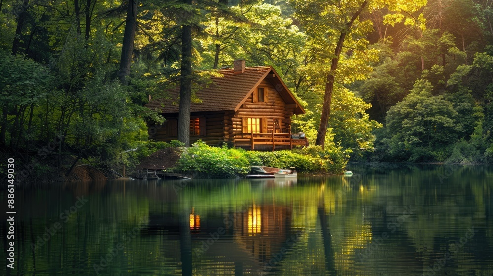 Cozy log cabin nestled by a serene lake in the woods, surrounded by lush trees Cozy log cabin nestled by a serene lake in the woods, surrounded by lush trees