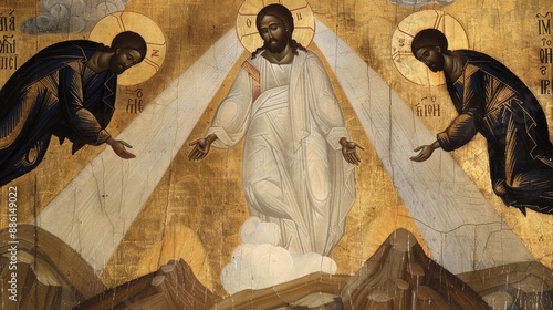 an icon of the Transfiguration of Jesus depicted in traditional Byzantine style with radiant light Moses and Elijah and a golden halo capturing a moment of divine revelation
