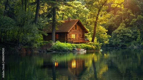 Wallpaper Mural Cozy log cabin nestled by a serene lake in the woods, surrounded by lush trees Torontodigital.ca