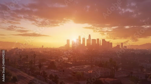 Create a panoramic view of Los Angeles skyline during a golden hour, highlighting the architectural marvels.