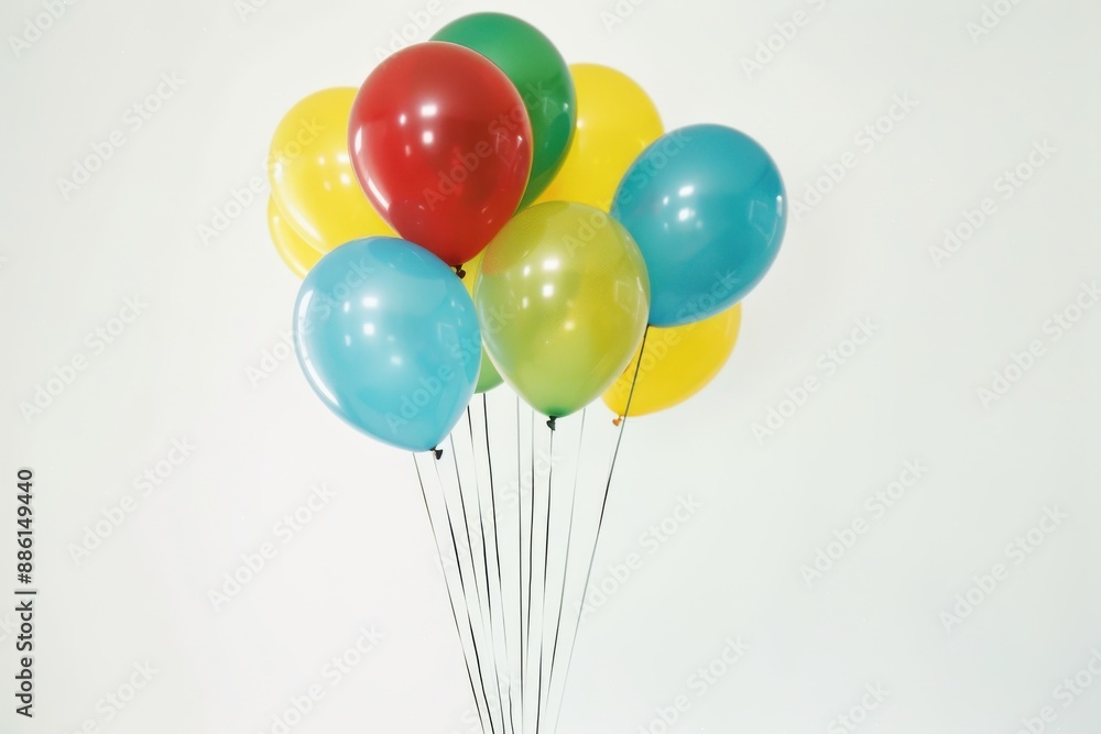 A bunch of helium-filled balloons in bright solid colors on a white background A bunch of helium-filled balloons in bright solid colors on a white background