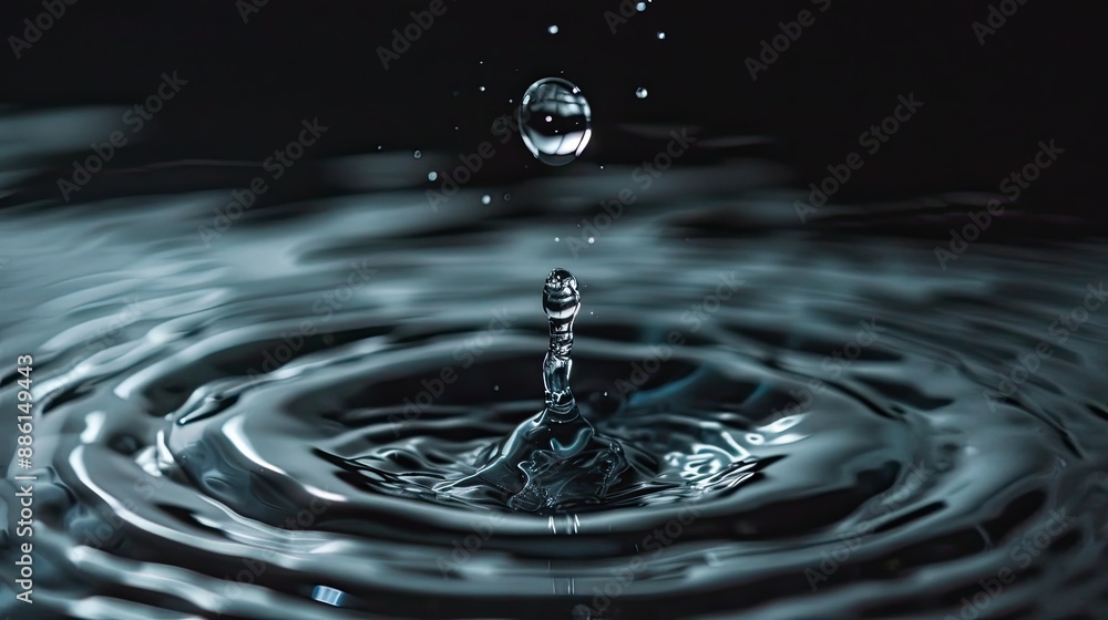 Dynamic shot of a water drop splashing on the surface, creating ripples Dynamic shot of a water drop splashing on the surface, creating ripples