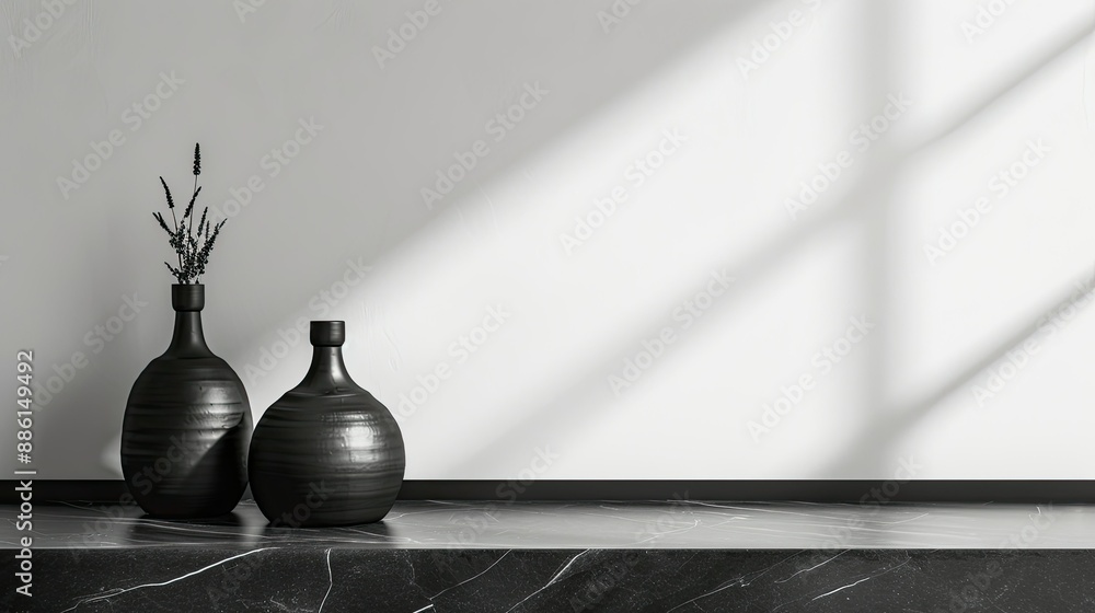 Obraz premium Elegant black ceramic vases on a sleek black marble table with a white wall backdrop