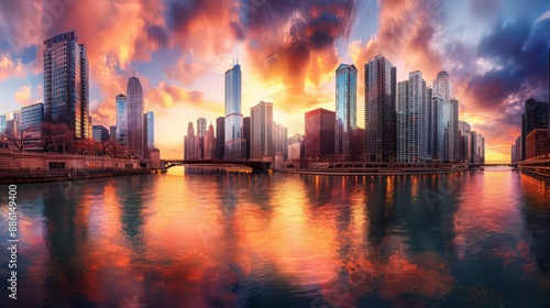 Wallpaper Mural Create a panoramic view of the Chicago skyline during a vibrant sunrise, highlighting the city's architectural beauty. Torontodigital.ca