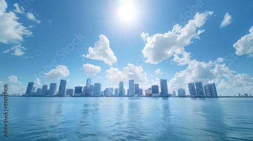 Create a panoramic view of the Miami skyline during a bright sunny day, highlighting the city's coastal beauty.