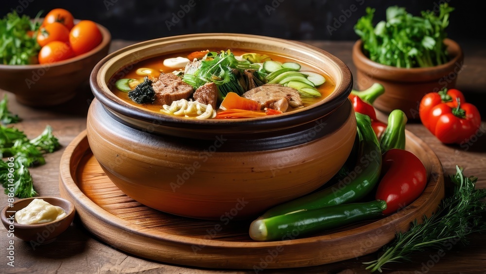 Hearty Homemade Soup in a Clay Pot. Hearty Homemade Soup in a Clay Pot.