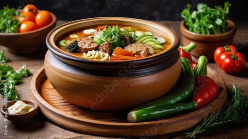 Hearty Homemade Soup in a Clay Pot.