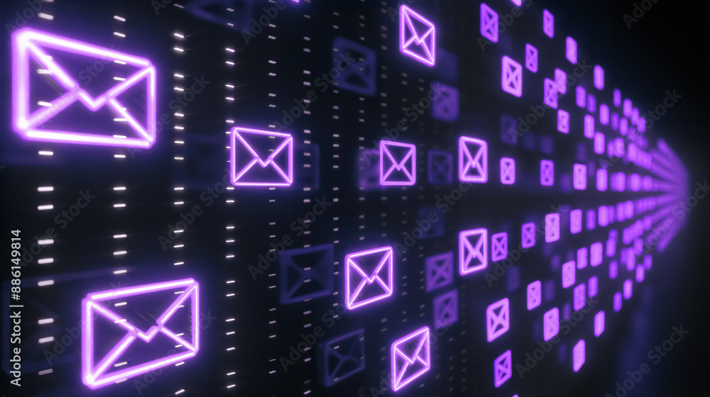 Digital Email Icons in Futuristic Style, Neon purple, Communication Technology Concept Digital Email Icons in Futuristic Style, Neon purple, Communication Technology Concept