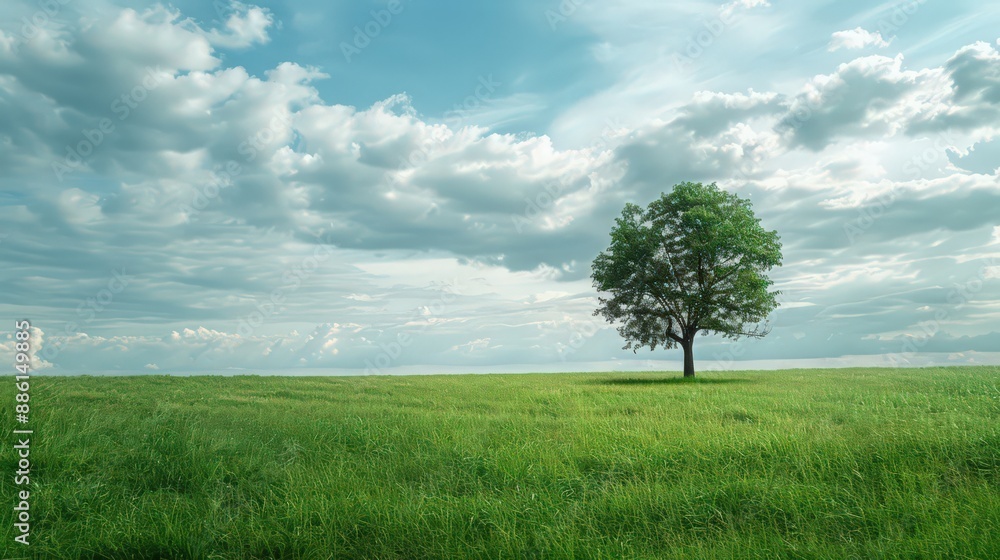 Obraz premium Create a serene landscape with a lone tree standing tall amidst a vast expanse of lush green grass, capturing the essence of solitude.