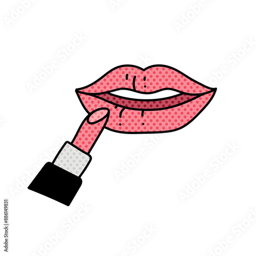 women beauty lipstick and lip halftone hand drawn  color vector illustration