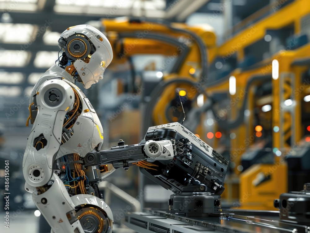 Obraz premium A digital rendering of a robot performing complex tasks autonomously in an industrial setting, highlighting its advanced mechanical systems and intelligence