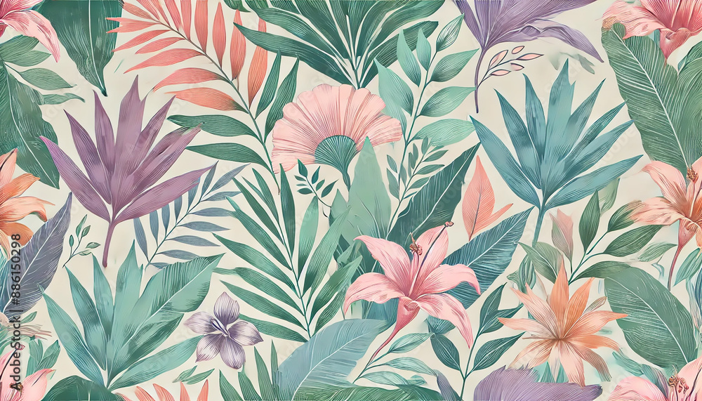 Pastel Tropical Leaves and Flowers Pattern
Pastel Tropical Leaves and Flowers Pattern