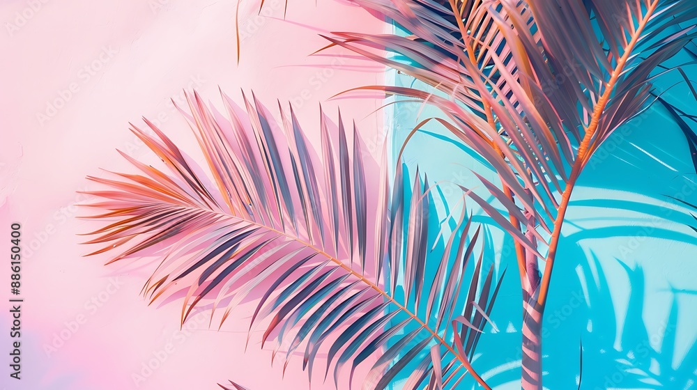 Fototapeta premium Ultra HD palm tree leaves on a light pink and cerulean blue background, minimalist and bright