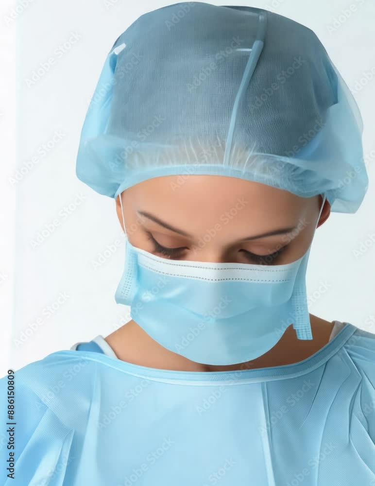 Female doctor in blue scrubs and mask, ready to care for patients in the hospital Female doctor in blue scrubs and mask, ready to care for patients in the hospital