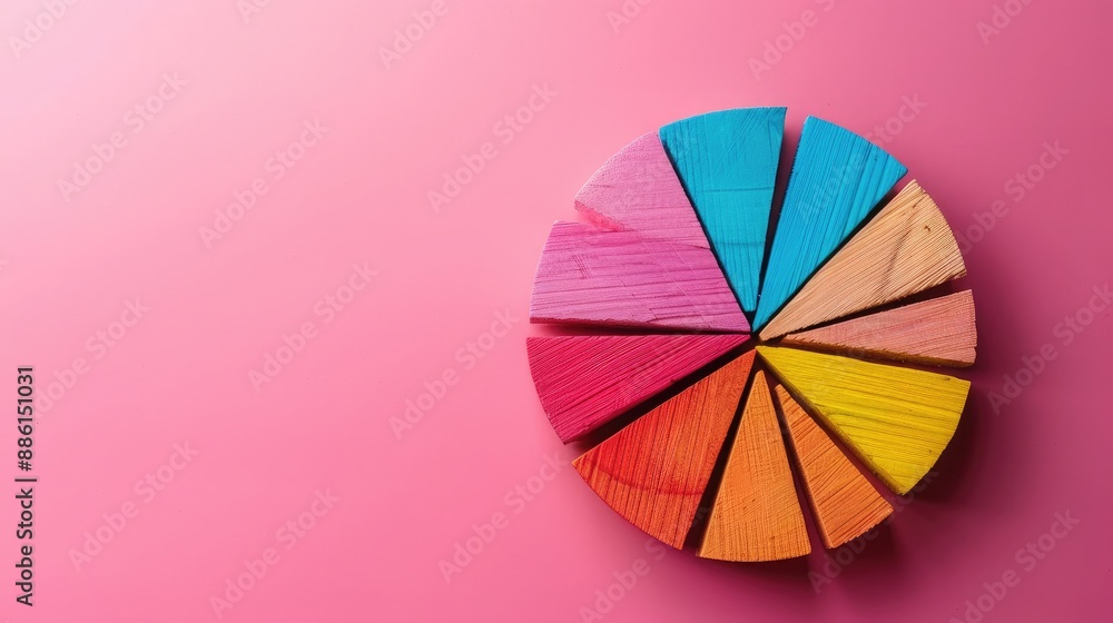 Obraz premium Wooden blocks with a circular graph on a pink background, showing market share distribution and business analysis. Flat lay, high quality, no realistic photo details