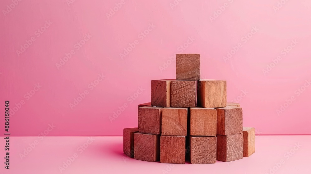 Wooden blocks with a circular graph on a pink background, showing market share distribution and business analysis. Flat lay, high quality, no realistic photo details Wooden blocks with a circular graph on a pink background, showing market share distribution and business analysis. Flat lay, high quality, no realistic photo details