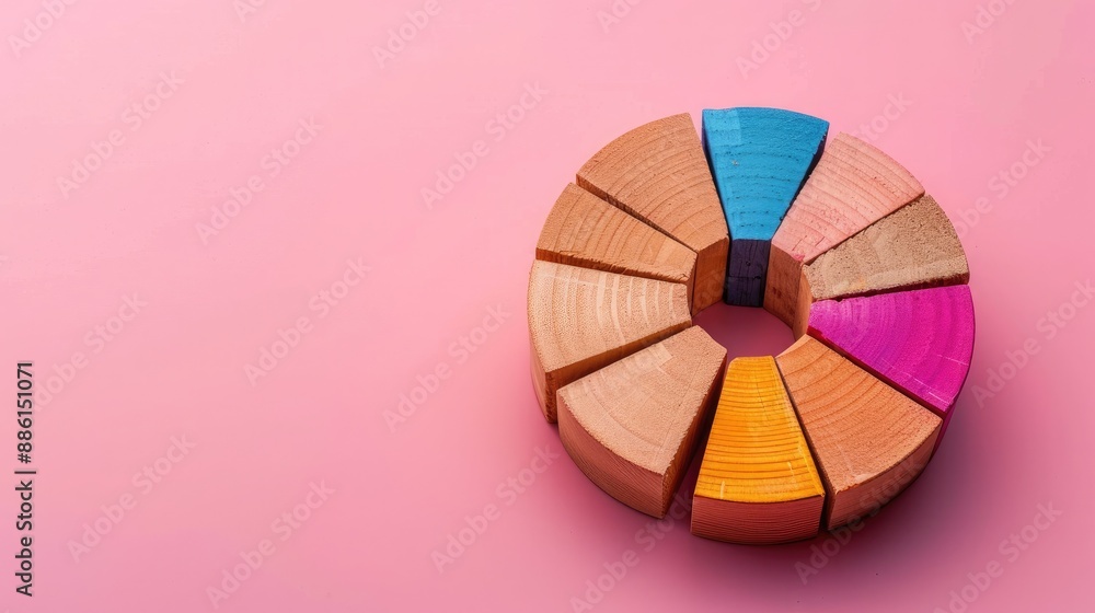 Obraz premium Wooden blocks with a circular graph on a pink background, showing market share distribution and business analysis. Flat lay, high quality, no realistic photo details