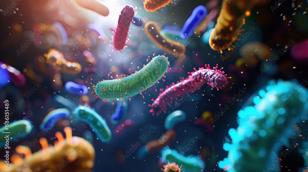 Naklejka premium 3D Illustration of Bacteriophage and Viruses. Colorful bacteria and cells in the human body, close-up view. Microscopic Bacteria. Molecules virus cell. Medical health concept. Science microbes 