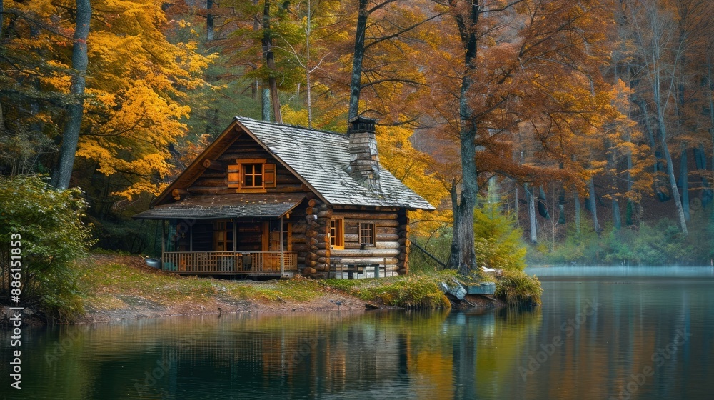 Fototapeta premium Picturesque log cabin by the lake, set in a tranquil forest setting