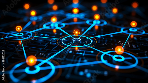 3d social networking digital nodes, interconnected by neon blue lines to form a grid structure, indicating interconnections and relationships in the international internet community photo