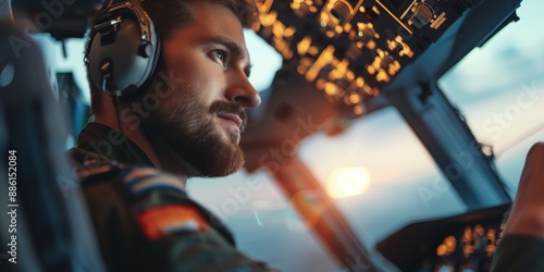 Pilot im Cockpit während des Fluges photo