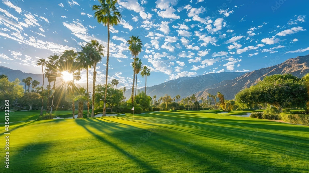 Obraz premium Scenic golf course with green lawn and palm trees in Palm Springs, tranquil view