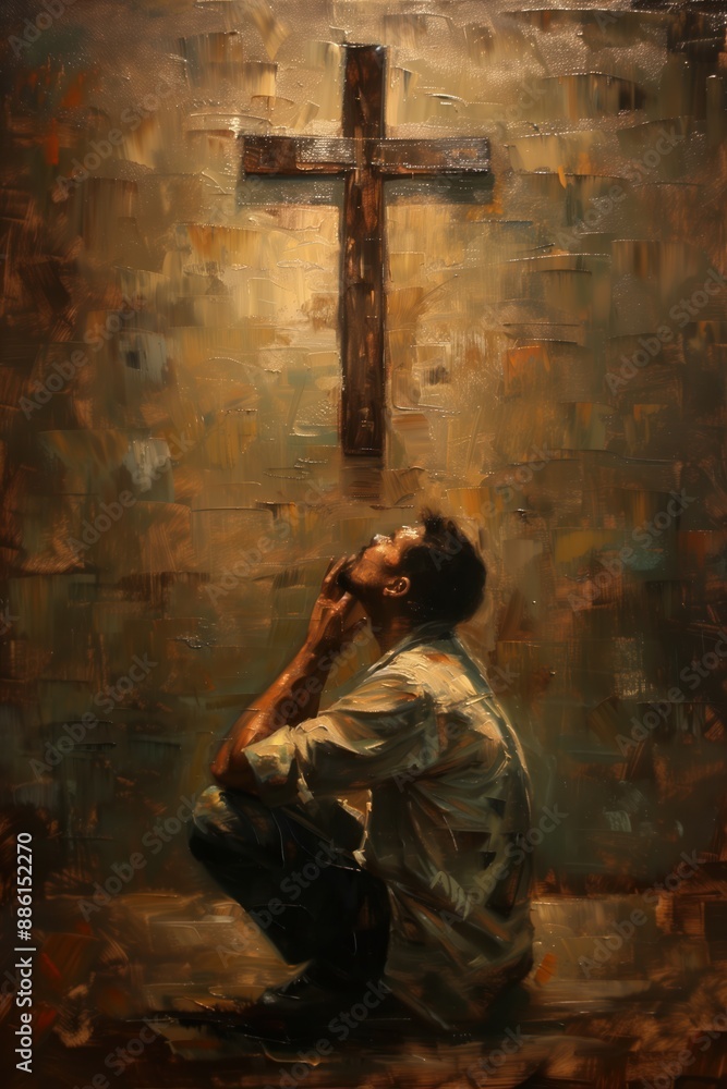 Man kneels in front of large wooden cross with ornate design. He wears white shirt and black pants, gazing upwards at the cross. Textured brown and green wall provides contrasting background.