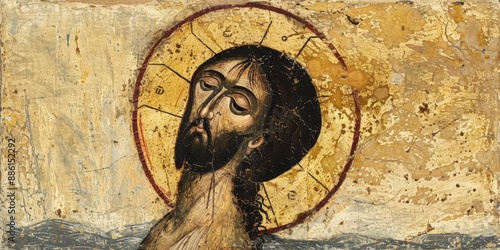 an icon of the Baptism of Jesus depicted in traditional Byzantine style with John the Baptist the Jordan River and a golden halo capturing a moment of spiritual significance