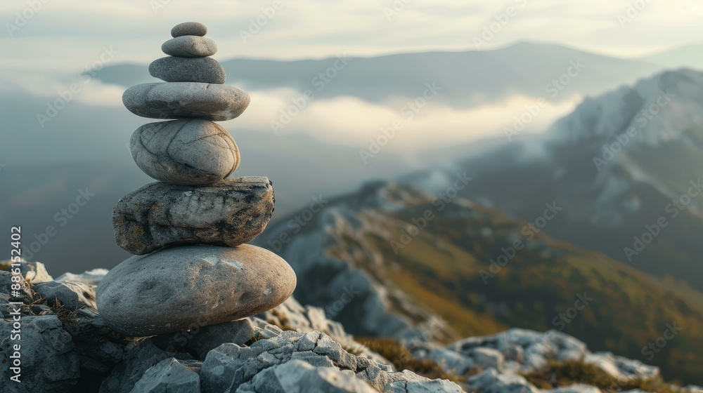 Serene stack of stones on a mountain peak, minimalistic with room for copy Serene stack of stones on a mountain peak, minimalistic with room for copy