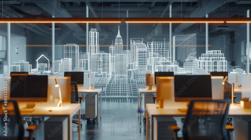 Naklejka premium Nighttime View of Architecture Firm's Office with Digital City Planning Projects