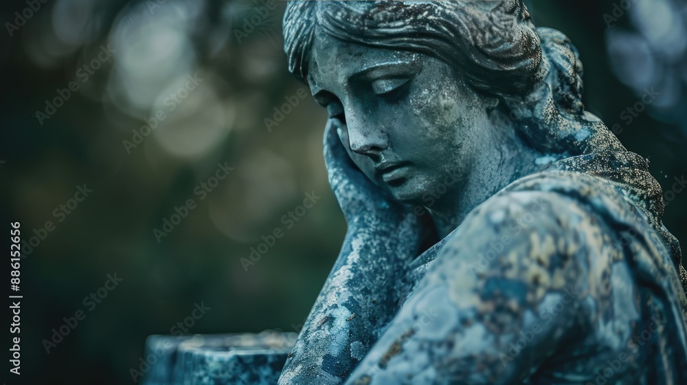 Statue of a sorrowful woman with plenty of space for text, conveying deep emotion Statue of a sorrowful woman with plenty of space for text, conveying deep emotion