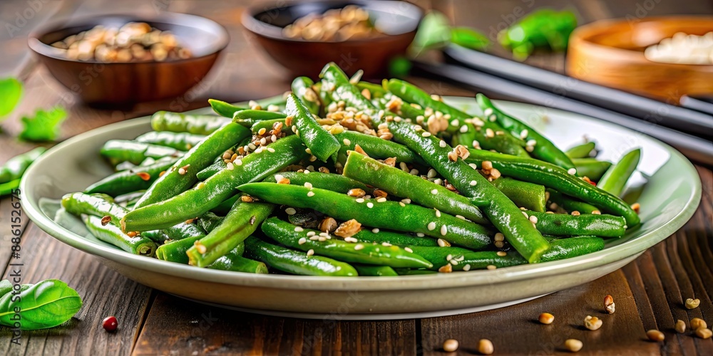 Fresh green beans saut?ed with sesame seeds, garlic