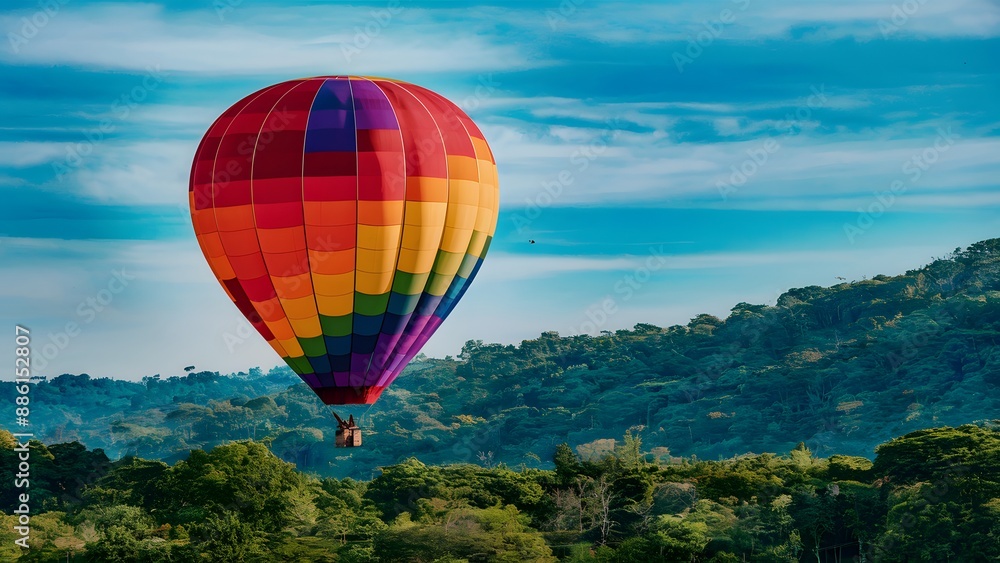 Fototapeta premium hot air balloon, adorned with stripes of red, orange, yellow, green, blue, and purple, gracefully floating above a lush, verdant landscape. The ground below is teeming with trees