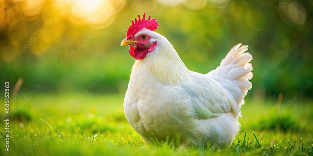 Fototapeta premium Close-up of a plump, white feathered chicken in a green grassy field, chicken, hen, poultry, livestock, farm, animal