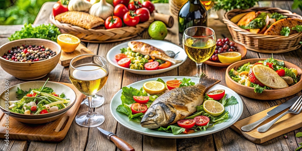 Mediterranean dinner table with wine, fresh salads, and grilled fish , Mediterranean, dinner table Mediterranean dinner table with wine, fresh salads, and grilled fish , Mediterranean, dinner table