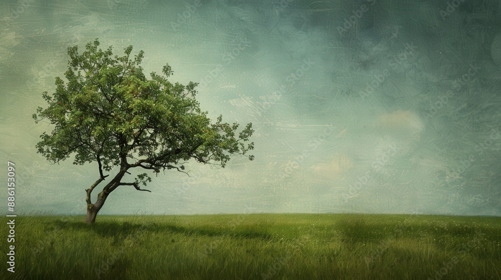 Create an atmospheric image of a lone tree in a verdant field, with its branches reaching towards the open sky, symbolizing growth and serenity.