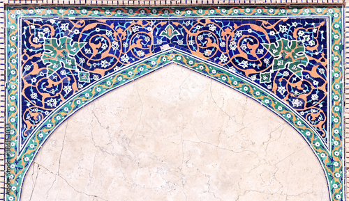 Photography Detail of traditional persian mosaic wall with geometrical and floral ornament, Iran