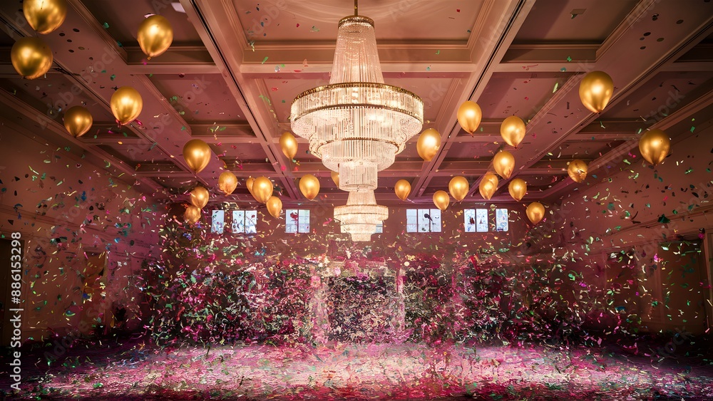 Obraz premium a grand hall or ballroom, showcasing an extravagant celebration. Theroom is illuminated by a large, ornate chandelier, casting shimmering reflections on the multicolored confetti scattered