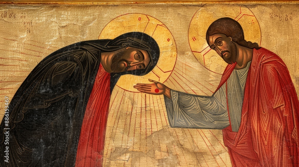 Naklejka premium an icon of the Baptism of Jesus depicted in traditional Byzantine style with John the Baptist the Jordan River and a golden halo capturing a moment of spiritual significance