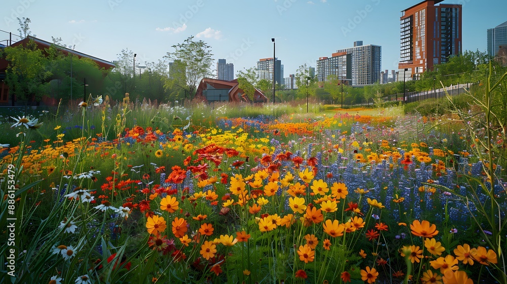 Obraz premium A vibrant urban green space filled with wildflowers, emphasizing biodiversity in the heart of the city center