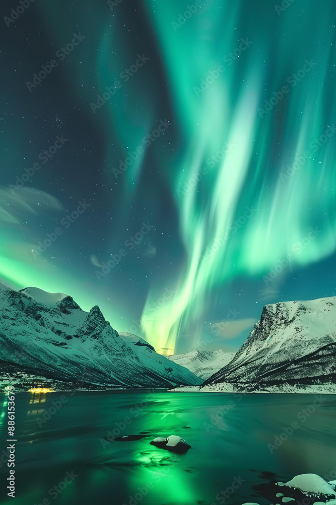 Northern lights or Aurora borealis over a mountain range Northern lights or Aurora borealis over a mountain range