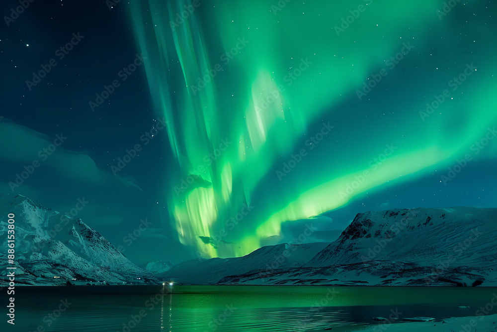 Naklejka premium Northern lights or Aurora borealis over a mountain range