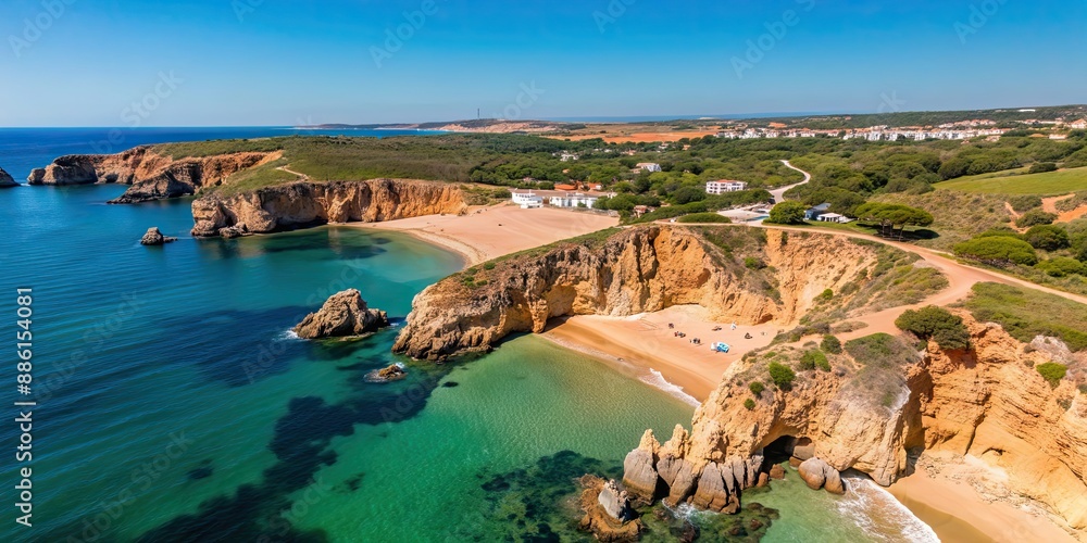 Scenic drone view of Cordoama Beach and surrounding cliffs in Algarve, Algarve, Portugal, beach, coastline, ocean Scenic drone view of Cordoama Beach and surrounding cliffs in Algarve, Algarve, Portugal, beach, coastline, ocean
